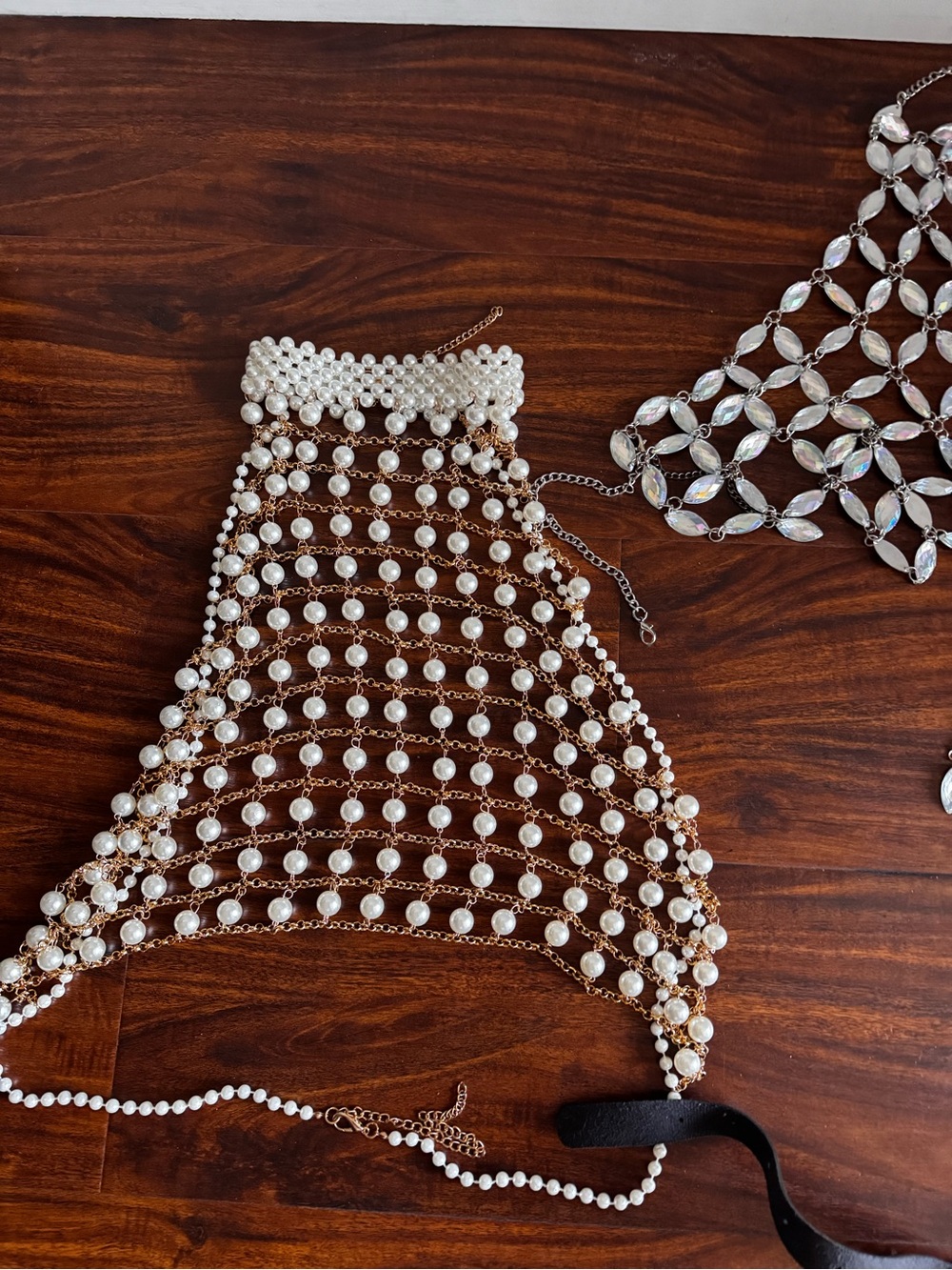4 pc festival/rave/concert bundle: chain rhinestone tops & Leather Body Harness - Picture 2 of 6
